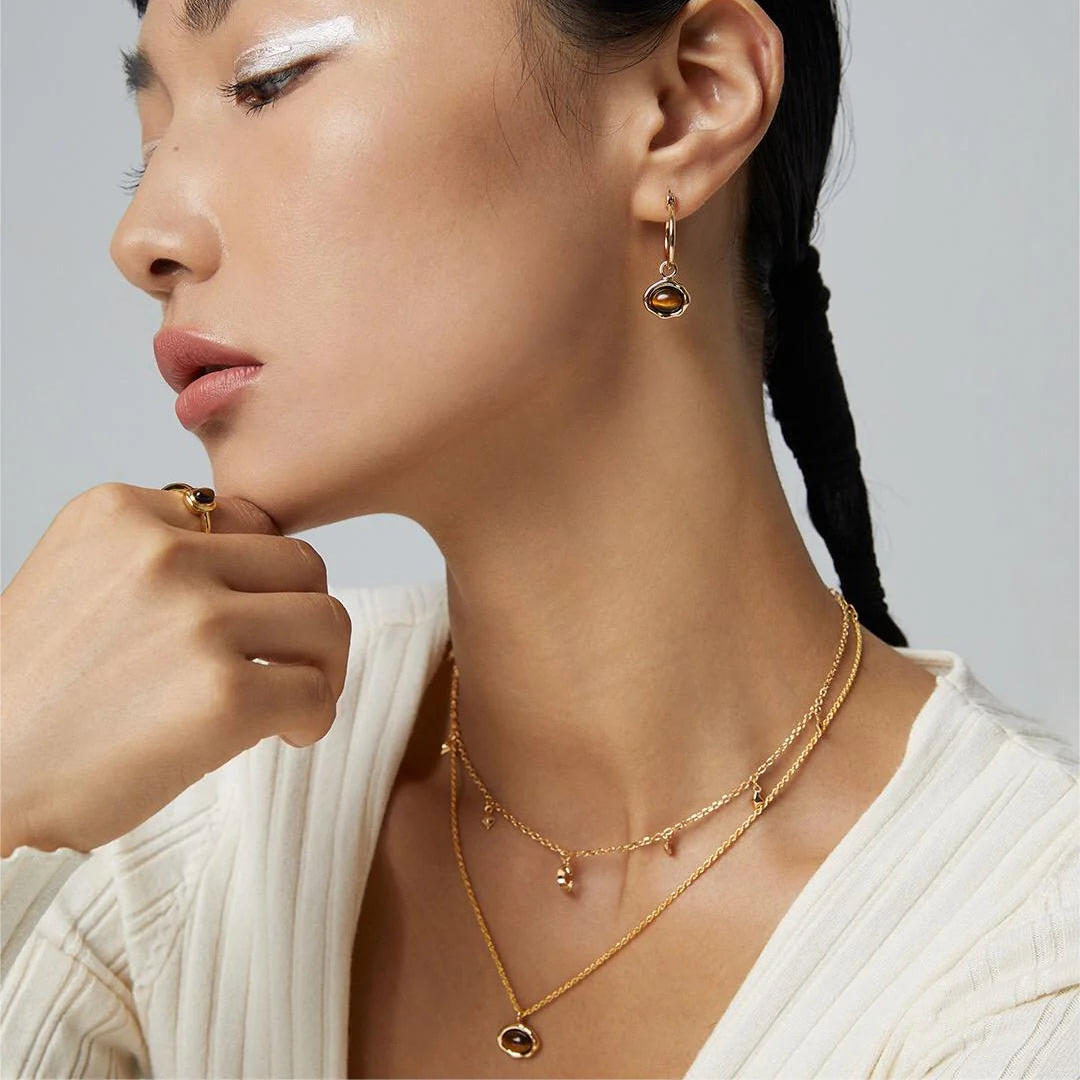 Classic Brown Tiger Eye Hoop Earrings
