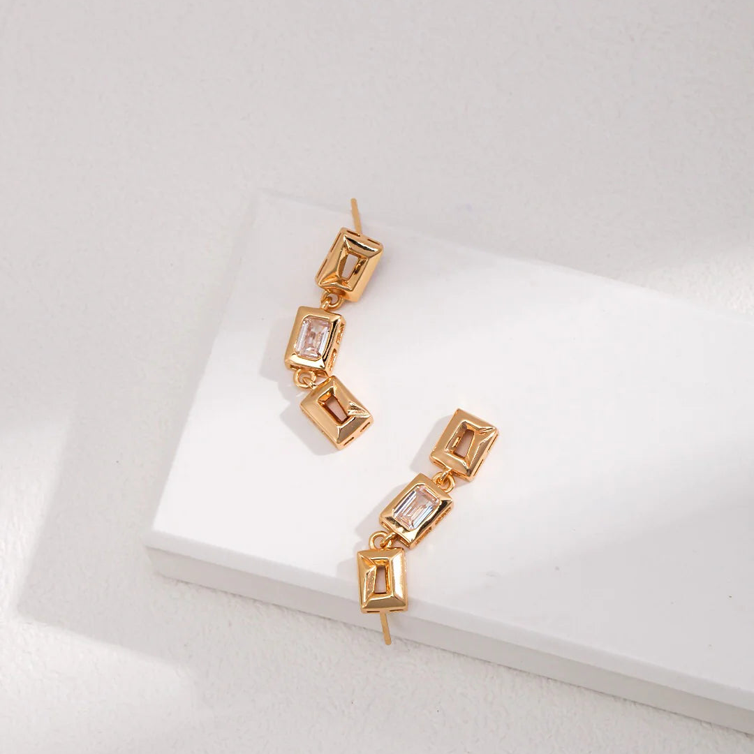 Cubic Zircon Rectangular Dangle Earrings