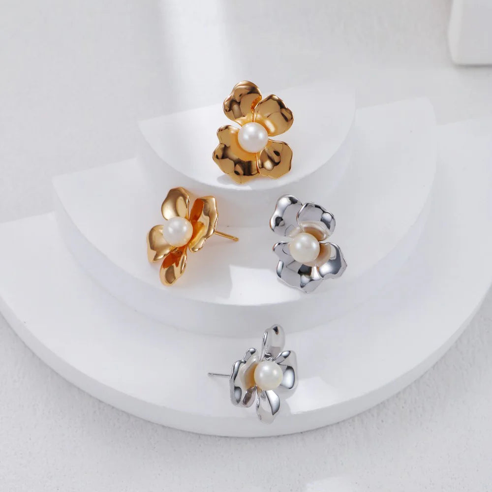 Metal Petal Pearl Earrings