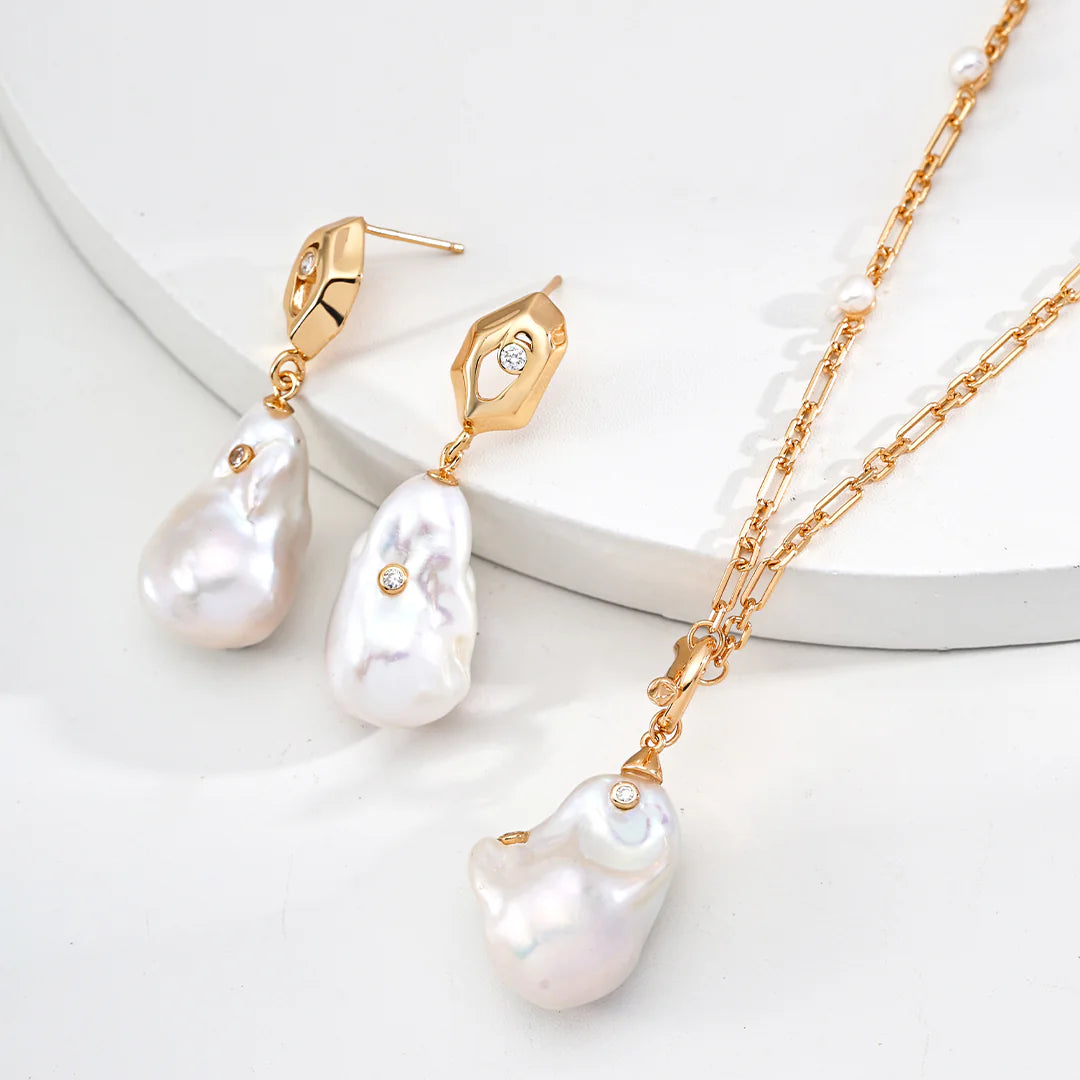 Vintage Natural Baroque Pearl Zircon Earrings