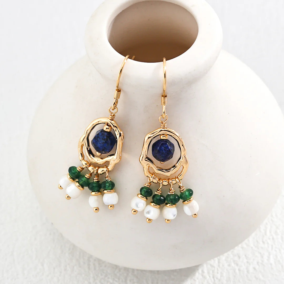 Synthetic Emerald Lapis Lazuli Shell Earrings