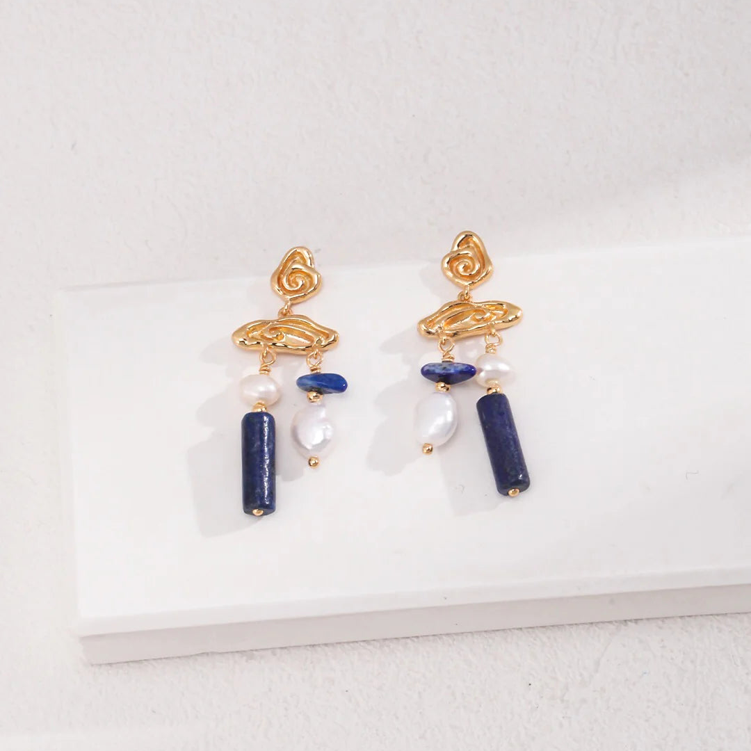 Blue Lapis Stone with Pearls Earrings