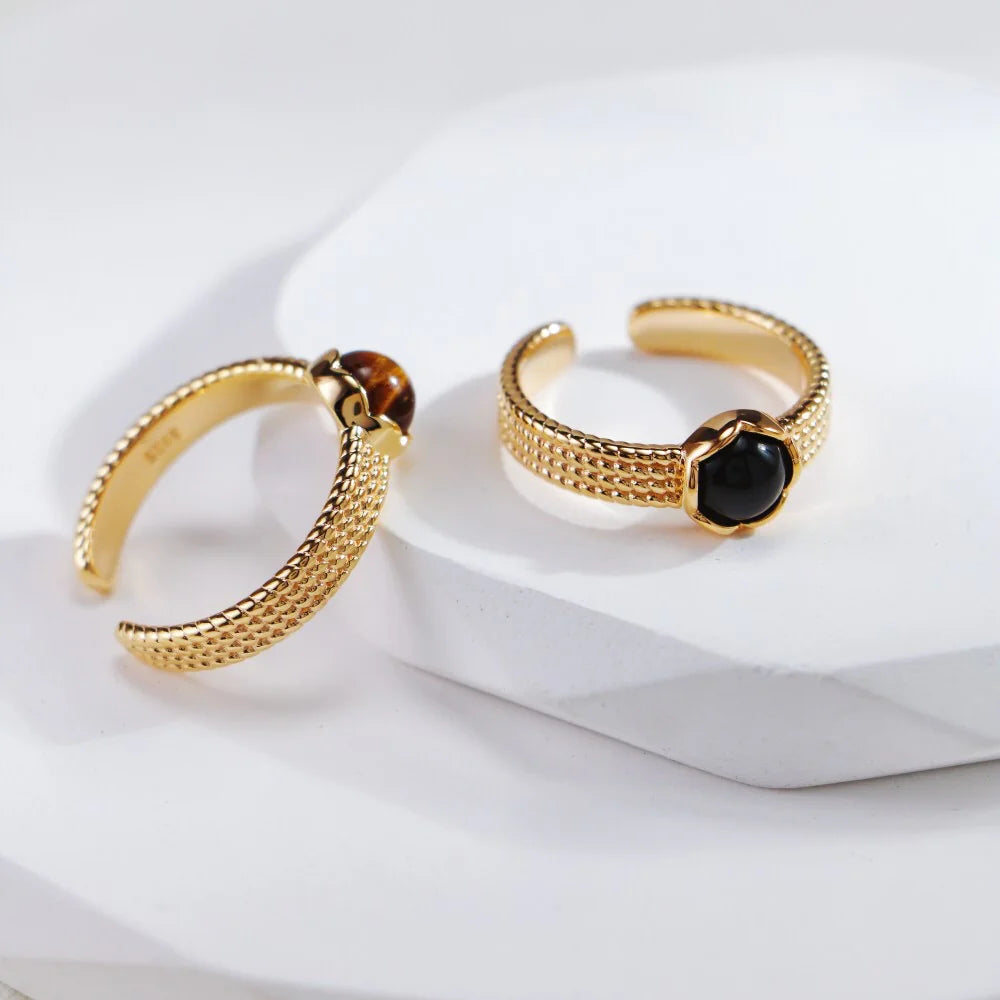 Natural Black Onyx / Tiger Eye Stone Open Ring