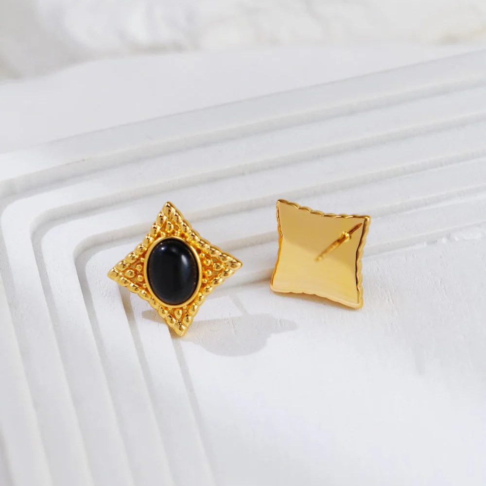 Vintage Gold Black Agate Stud Earrings