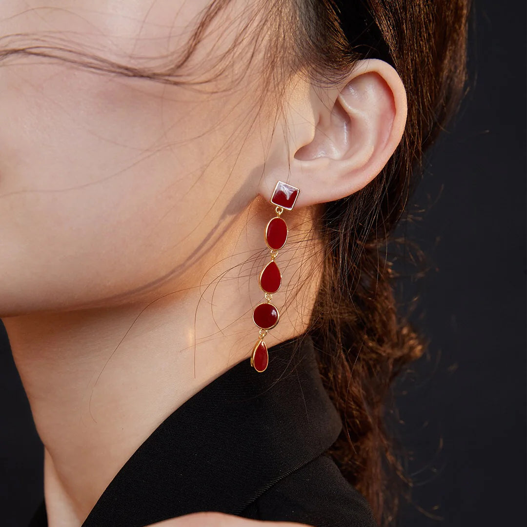 Long Red Drip Glaze Dangle Earrings