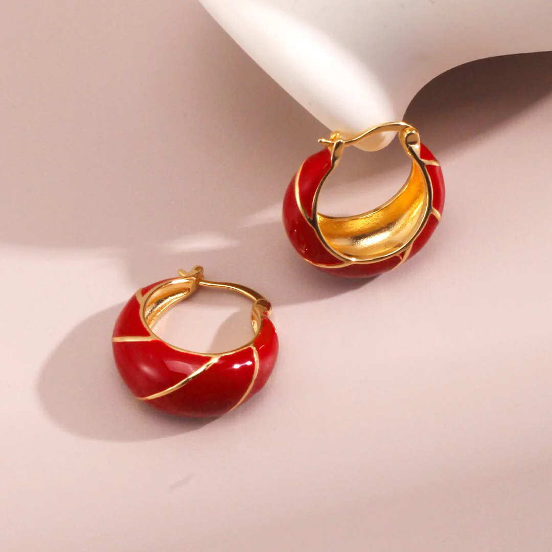 Festive Red Glazed Hoops Earrings