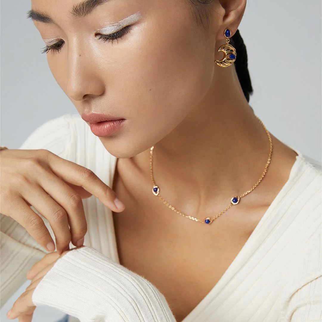 Lapis Lazuli Crescent Moon Hollow Earrings