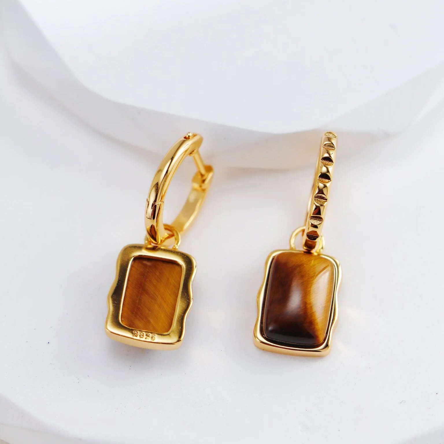 Rectangle Shape Tiger Eye Long Earrings