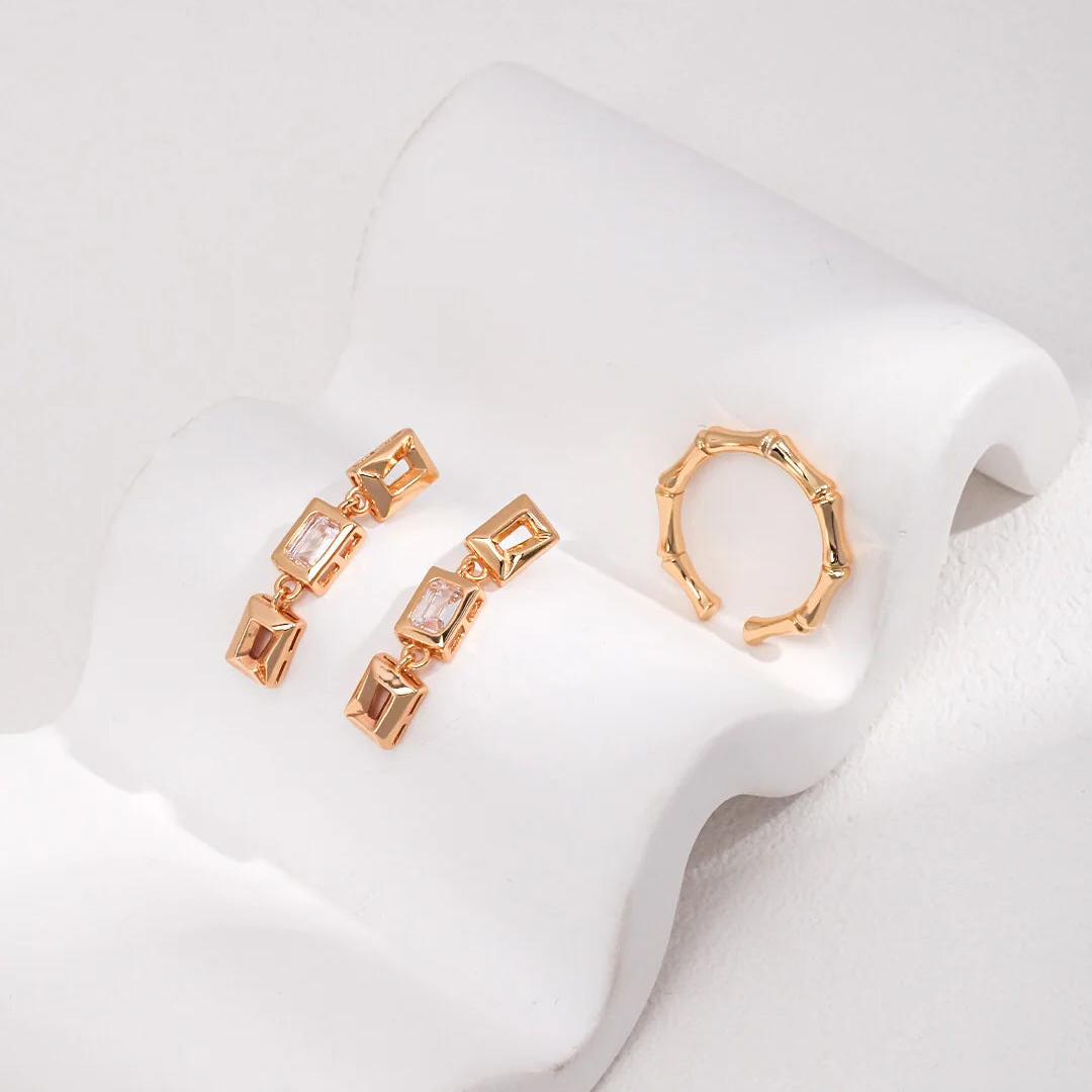 Cubic Zircon Rectangular Dangle Earrings