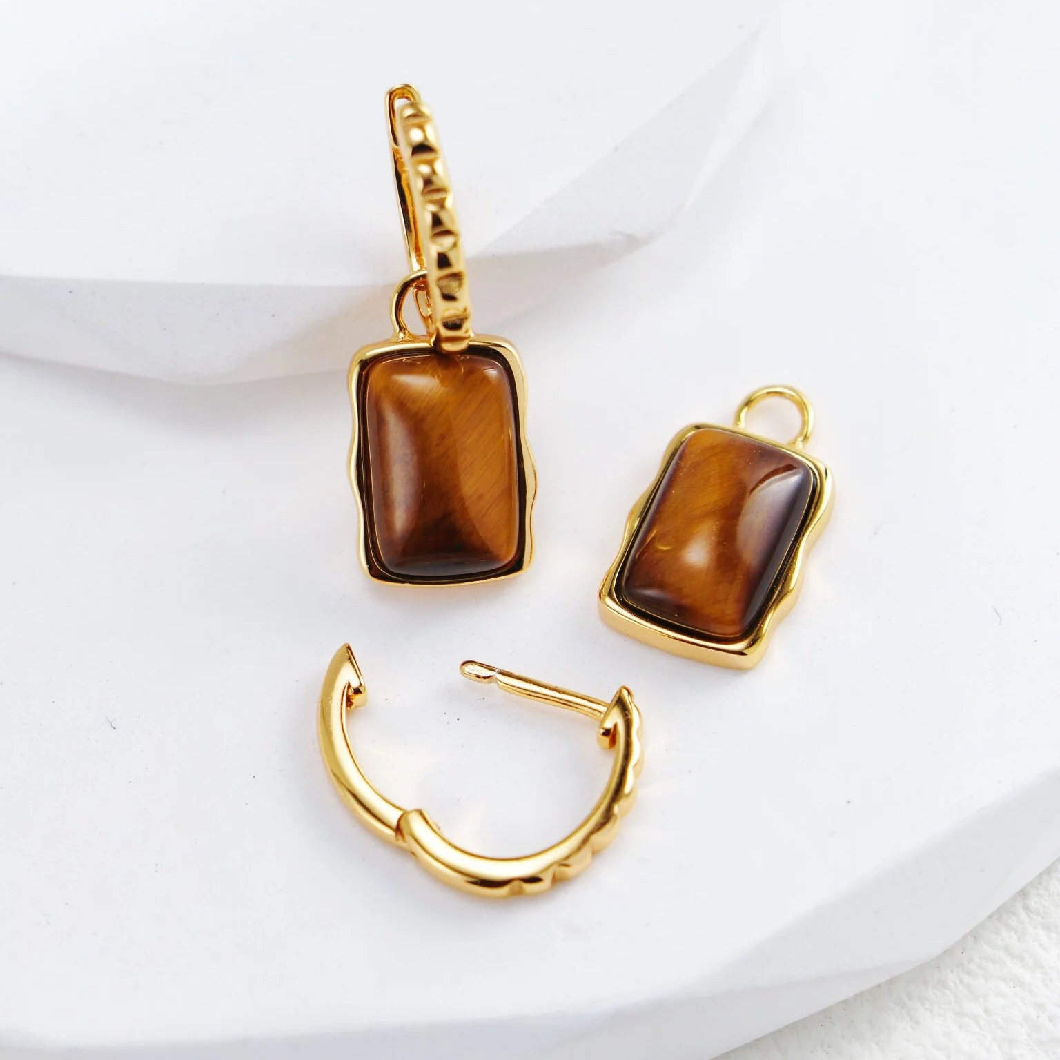 Rectangle Shape Tiger Eye Long Earrings
