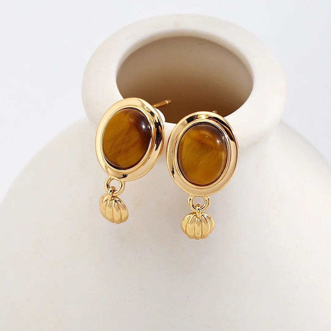 Minimalist Oval Tiger Eye Stone Pendant Earrings