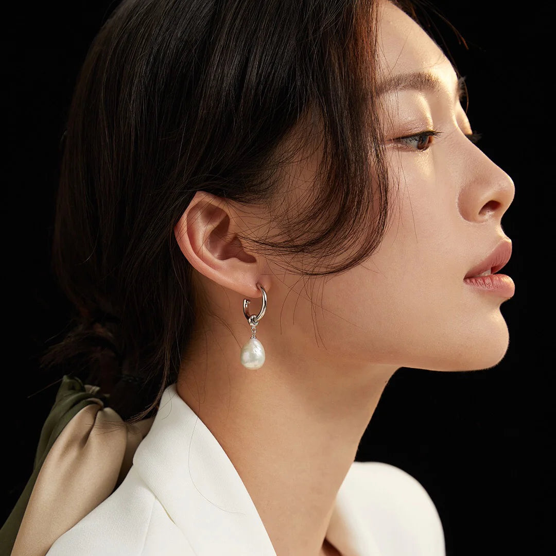 Large Pearl Drop Hoop Earrings