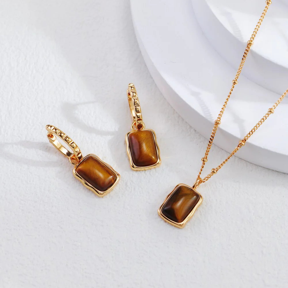 Rectangle Shape Tiger Eye Long Earrings