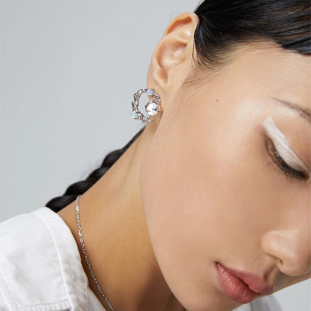 Crescent Moon Style Asymmetrical Opal Stud Earrings