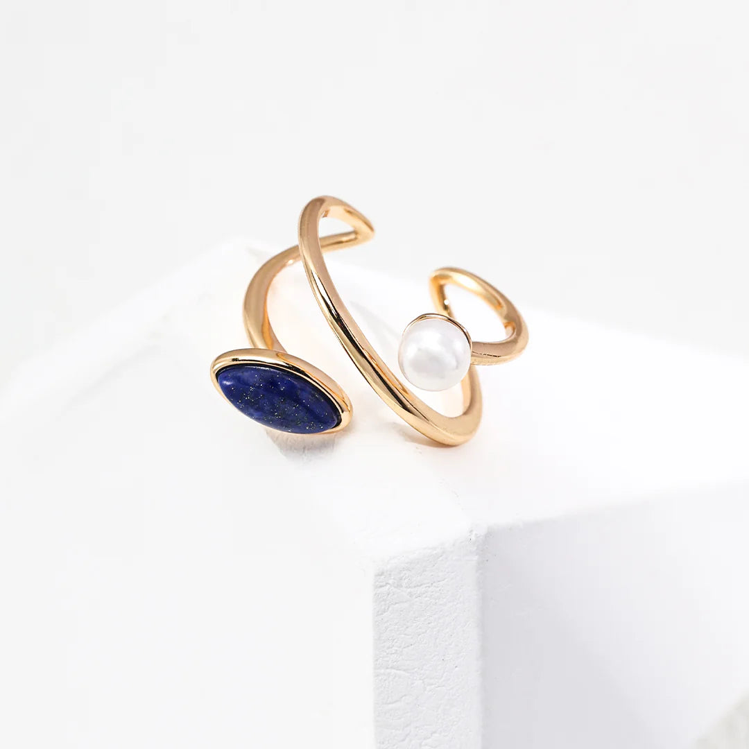 Minimalist Natural Pearl and Lapis Lazuli Ring