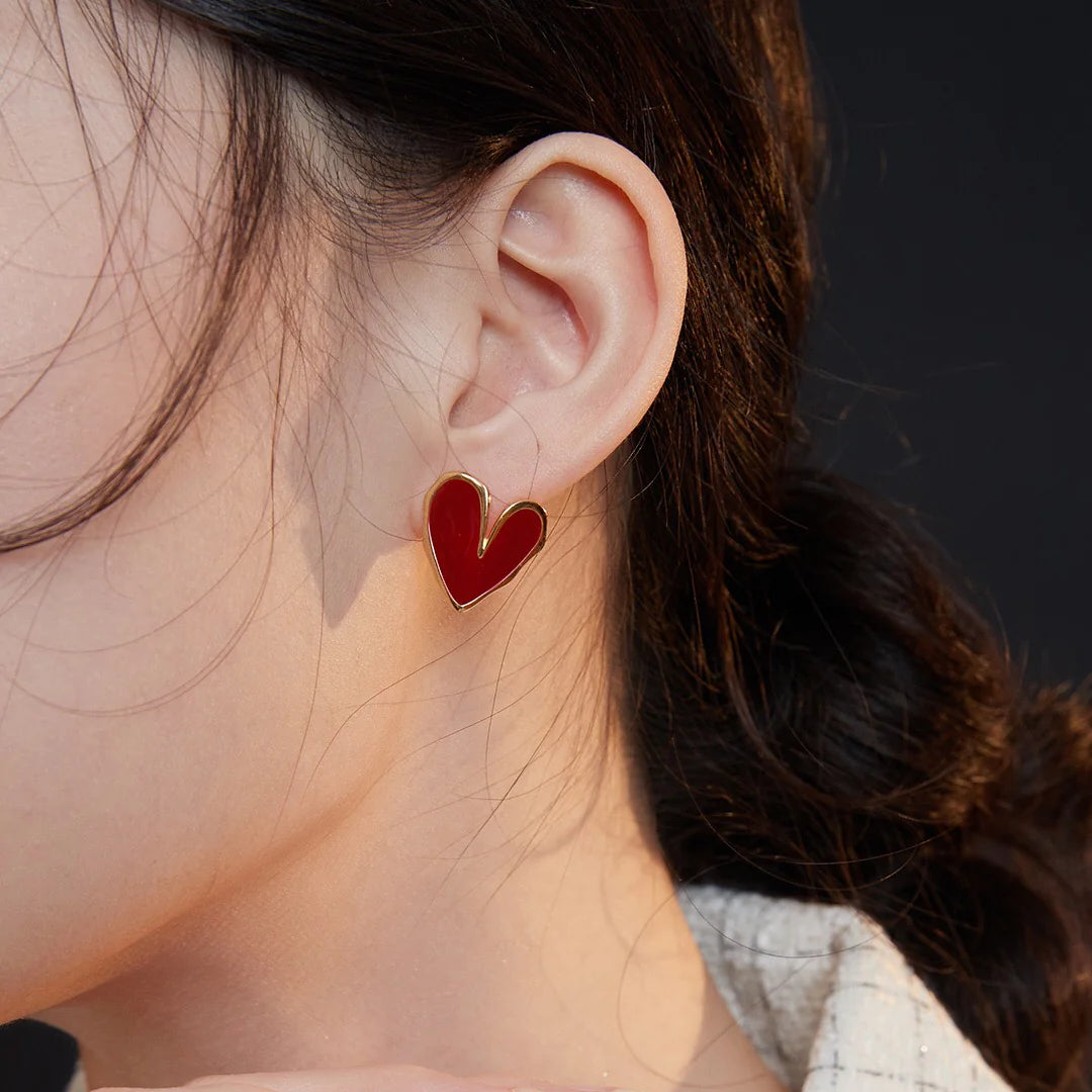 Red Drip Glaze Folded Love Heart Earrings