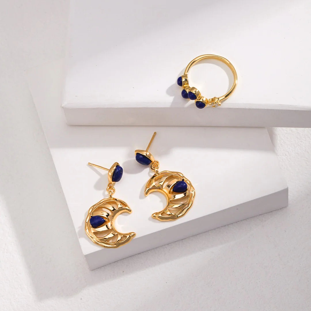 Lapis Lazuli Crescent Moon Hollow Earrings