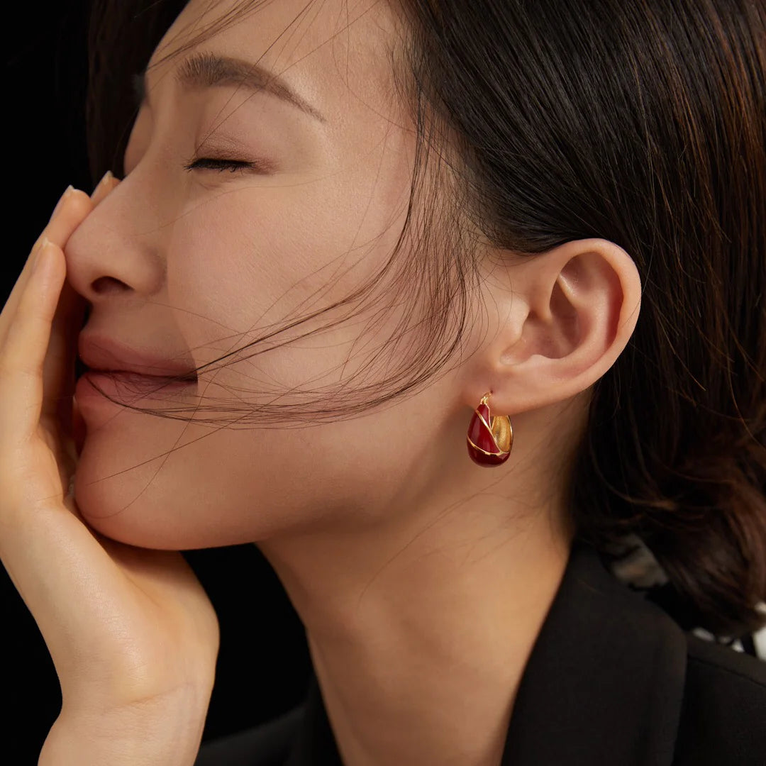 Festive Red Glazed Hoops Earrings