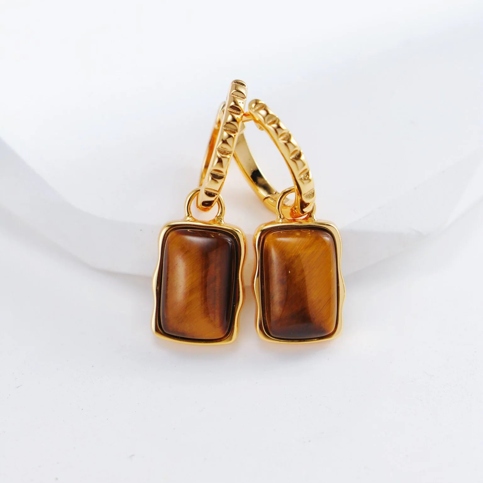 Rectangle Shape Tiger Eye Long Earrings