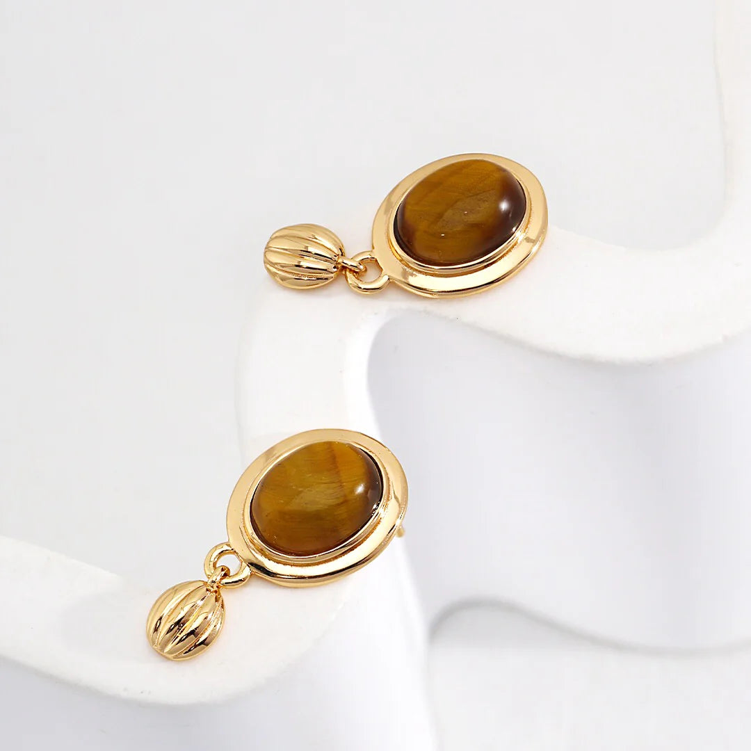 Minimalist Oval Tiger Eye Stone Pendant Earrings