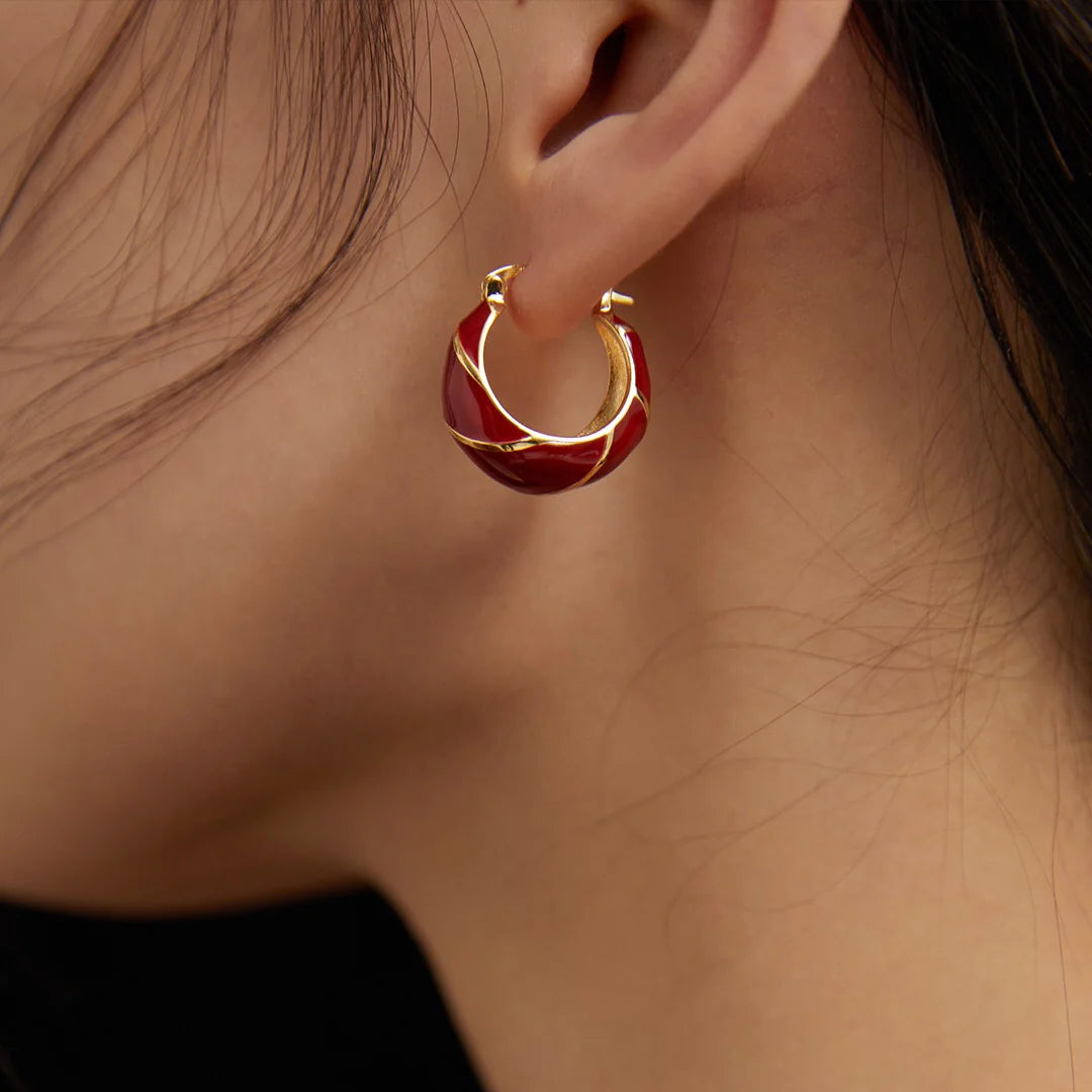 Festive Red Glazed Hoops Earrings