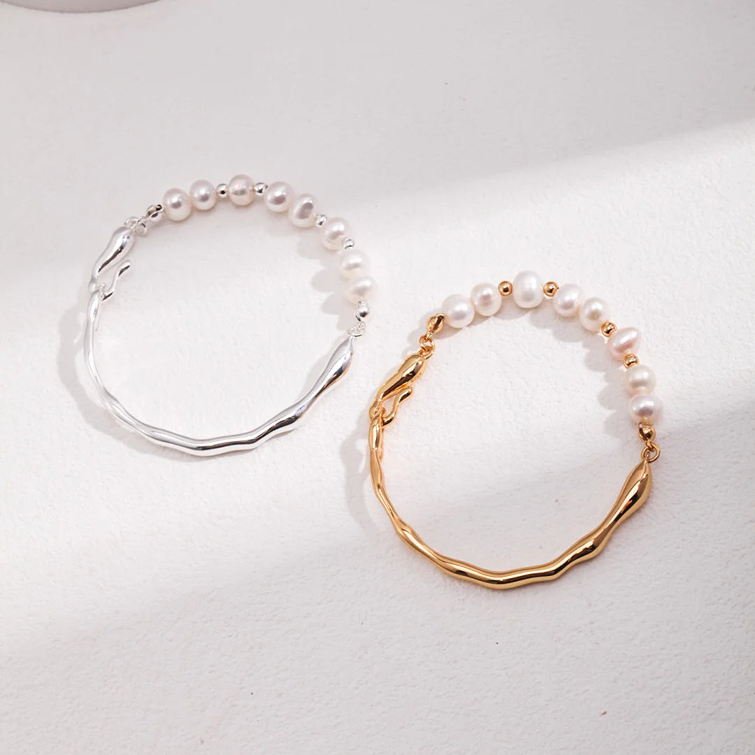 Freshwater Pearl Half Gold Bangle Bracelet