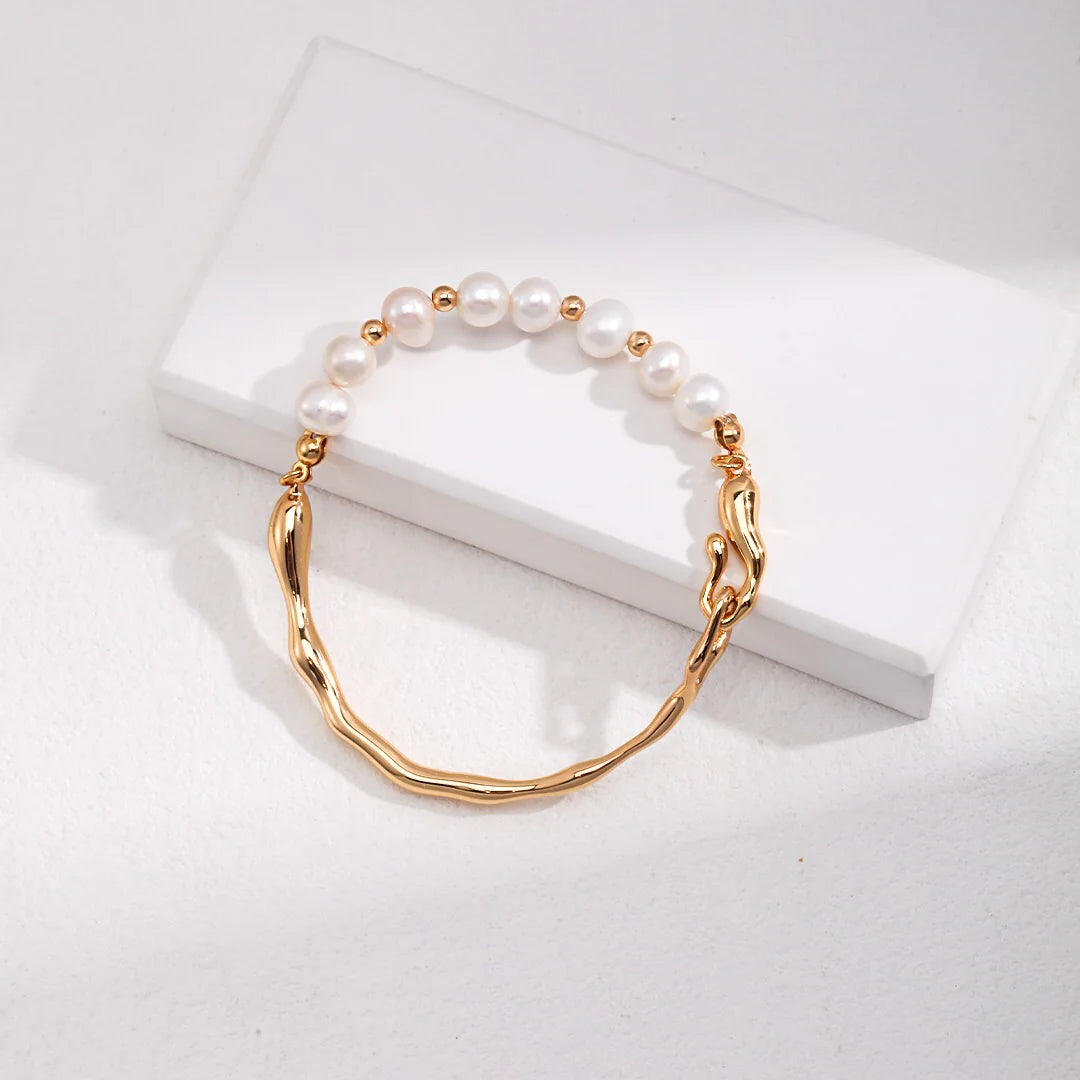 Freshwater Pearl Half Gold Bangle Bracelet