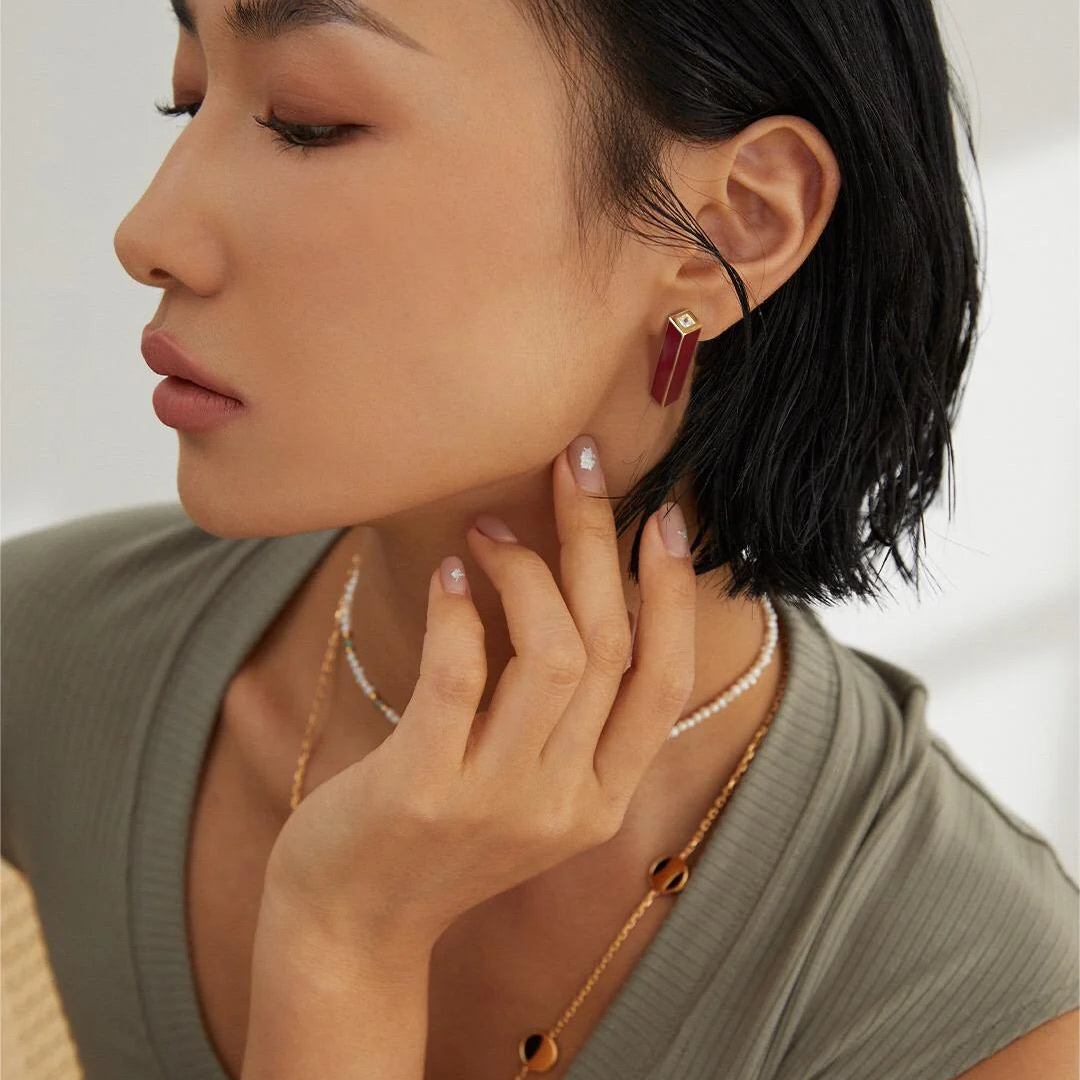 Red Drip Glaze Pillar Stud Earrings