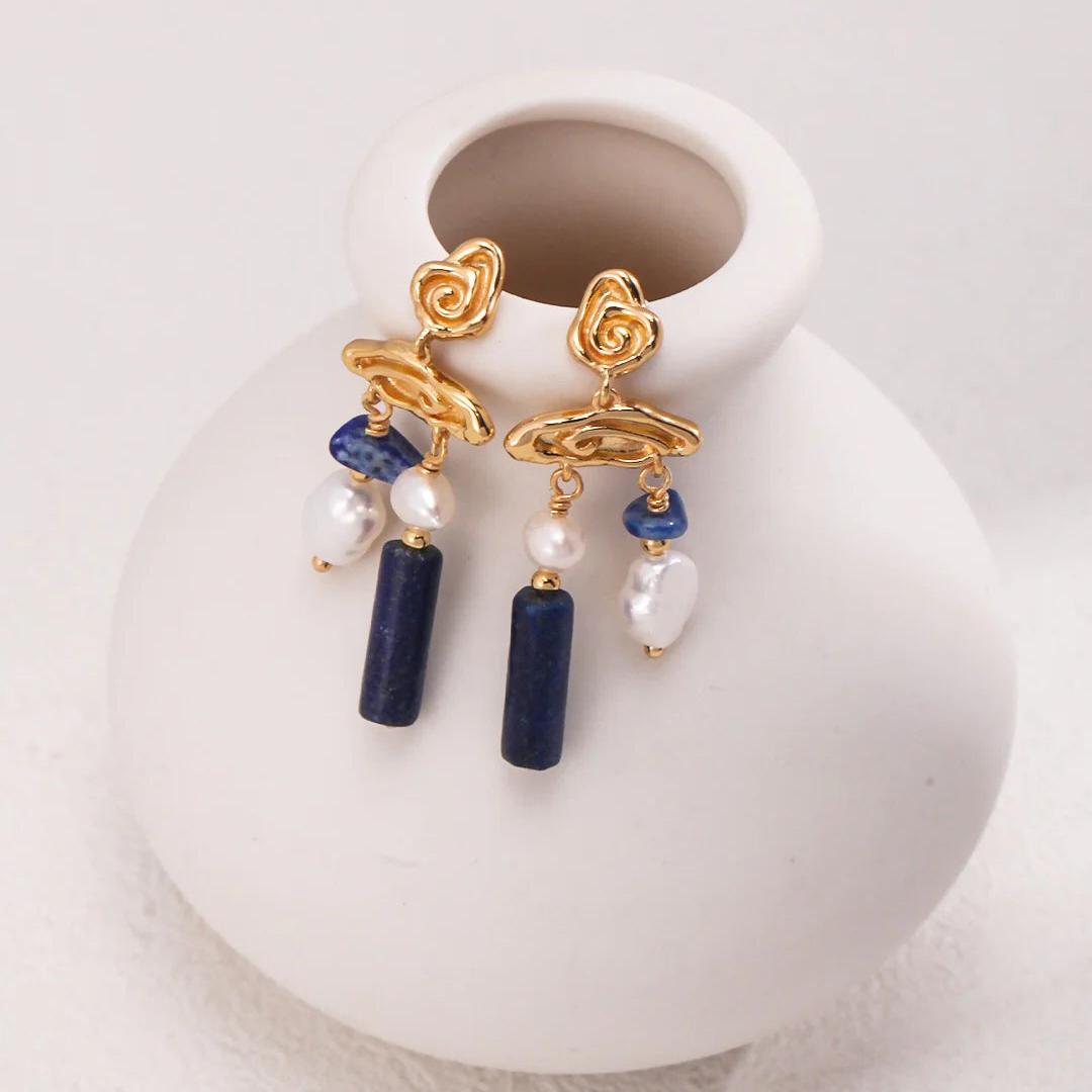 Blue Lapis Stone with Pearls Earrings