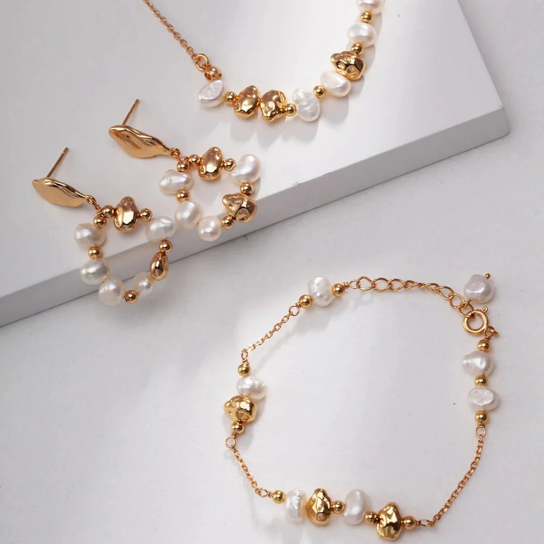 Baroque Pearl and Irregular Gold Ball Earrings