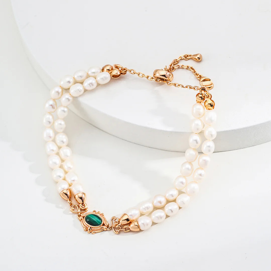 Minimalist Natural Pearl and Malachite Bracelet