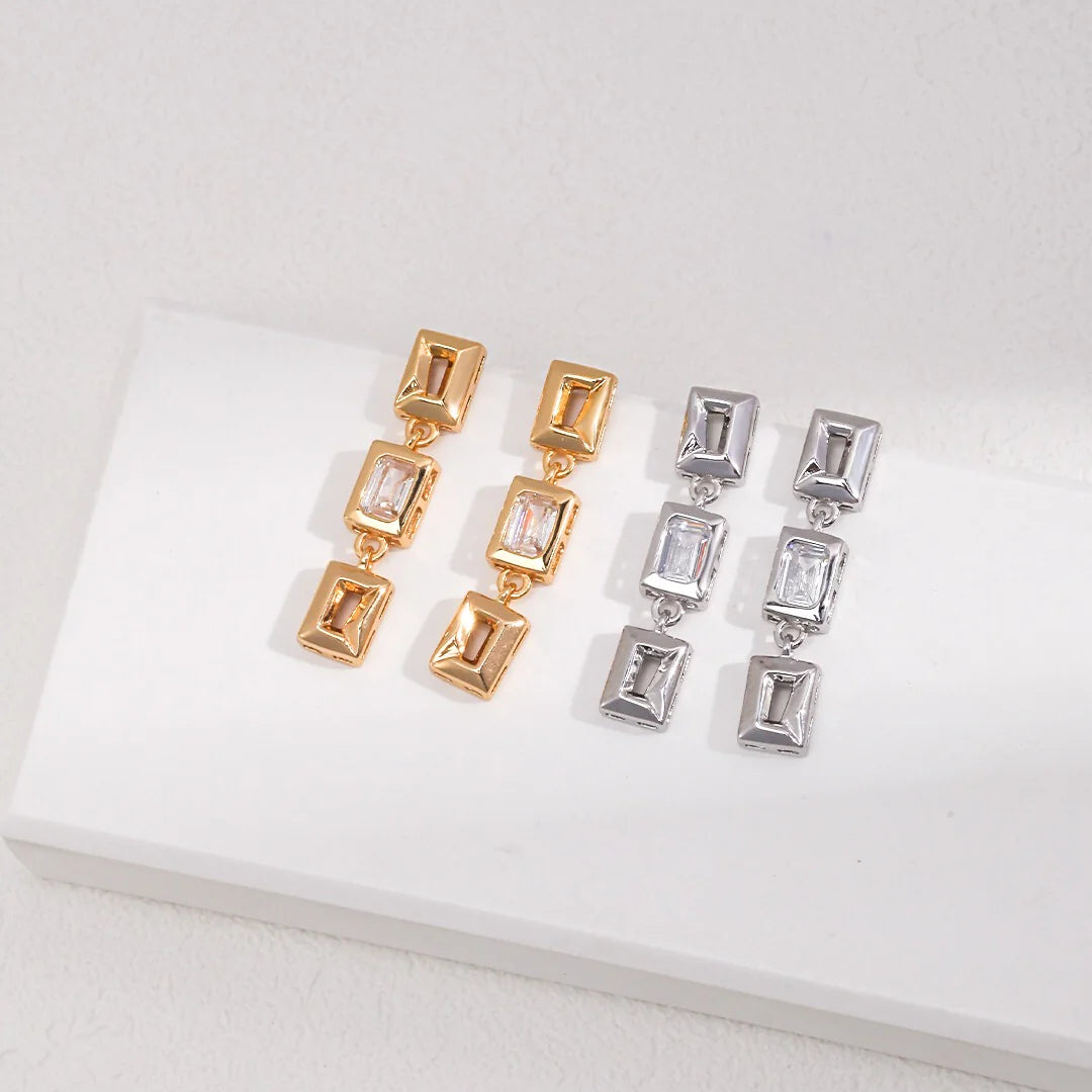 Cubic Zircon Rectangular Dangle Earrings