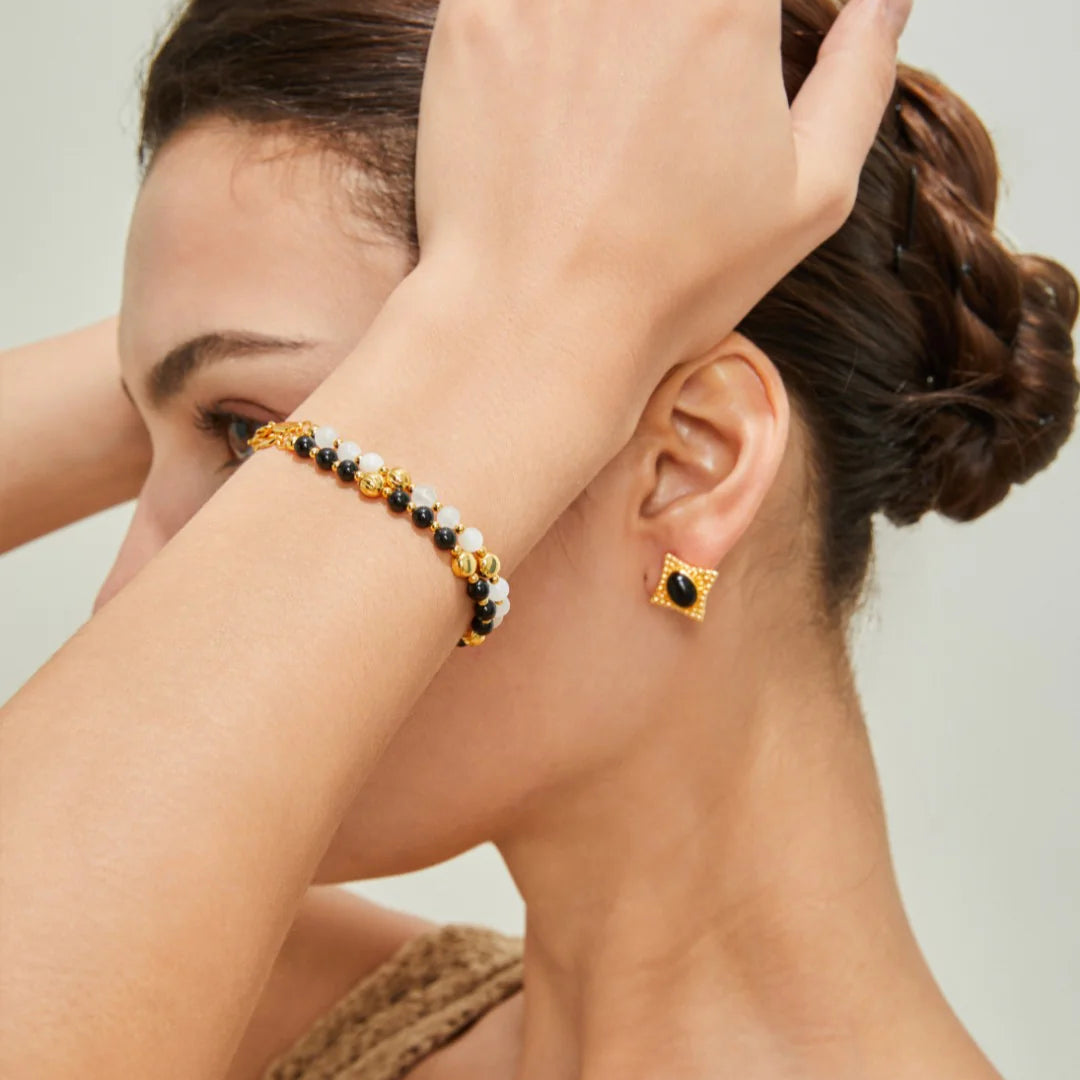 Vintage Gold Black Agate Stud Earrings