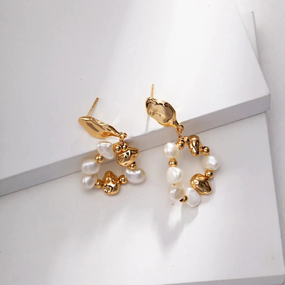 Baroque Pearl and Irregular Gold Ball Earrings