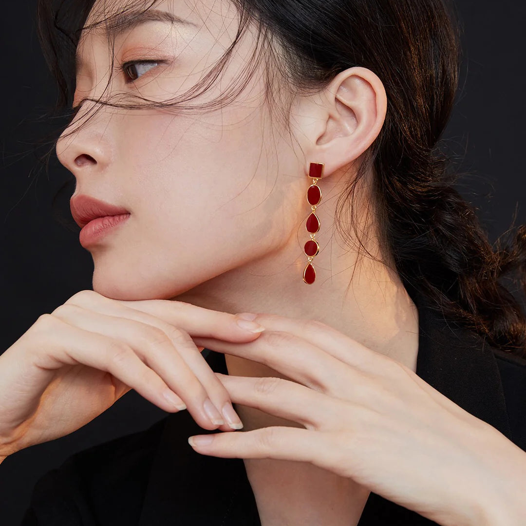 Long Red Drip Glaze Dangle Earrings