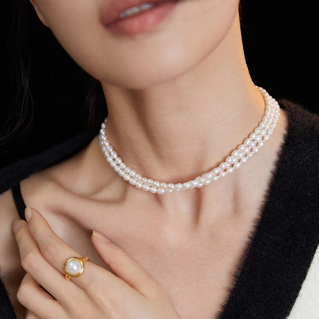 Vintage Style 3 Layered Pearl Choker Necklace