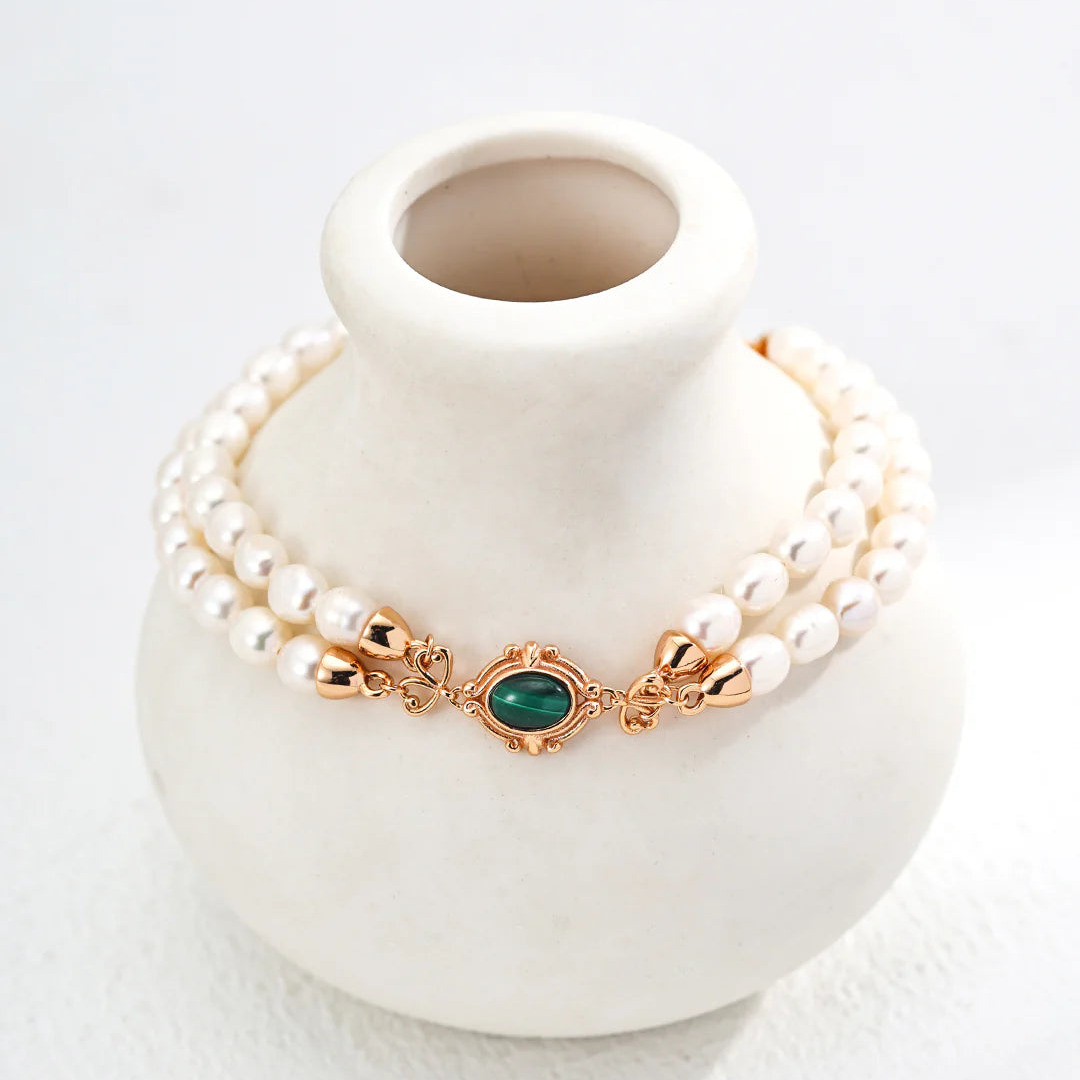 Minimalist Natural Pearl and Malachite Bracelet