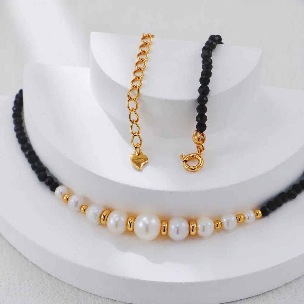 Gold Bead Black Spinel Pearl Necklace
