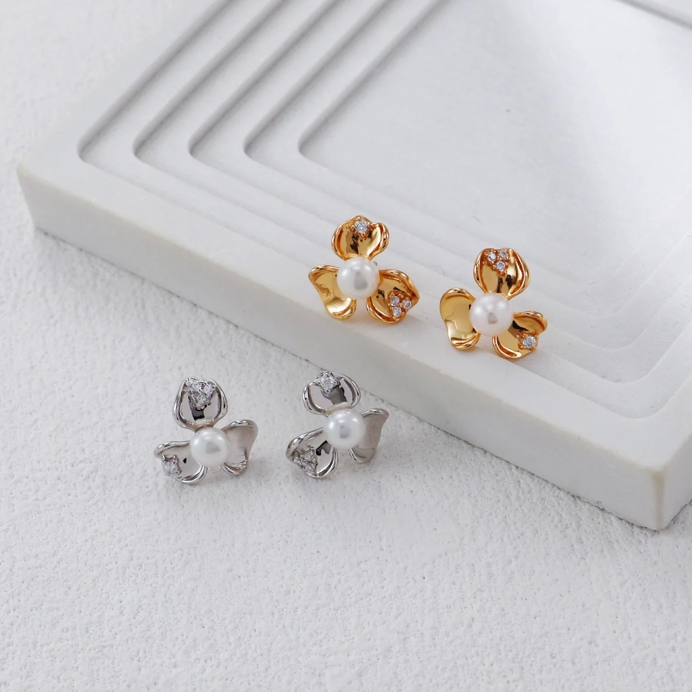 Petal Pearl and Zirconia Earrings