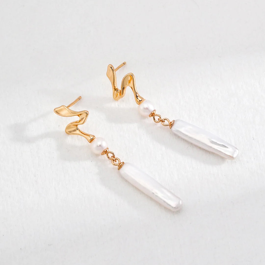 Minimalist Biwa Pearl Drop Earrings