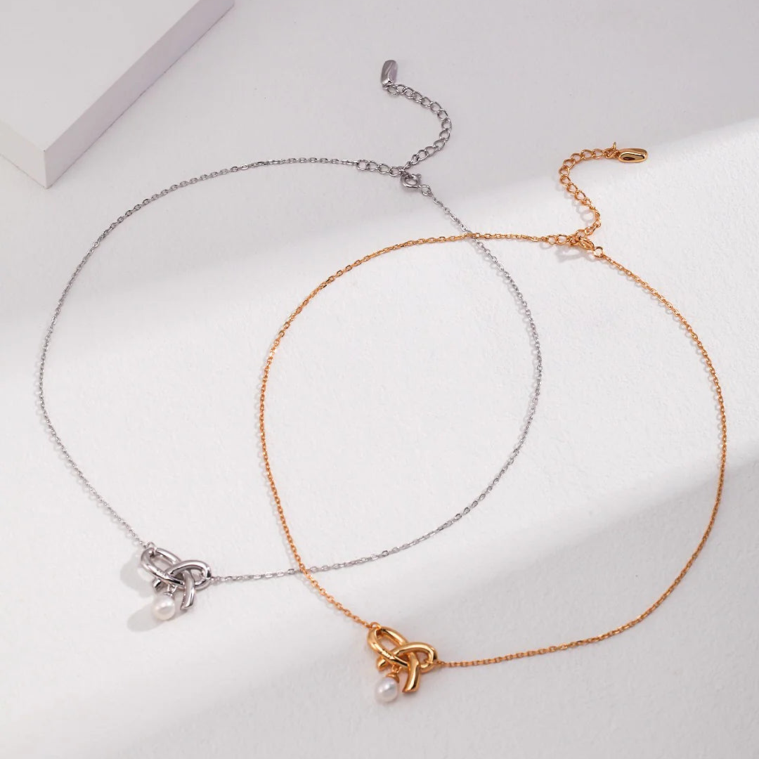 Love Bow Charm with Dainty Floating Pearl Necklace