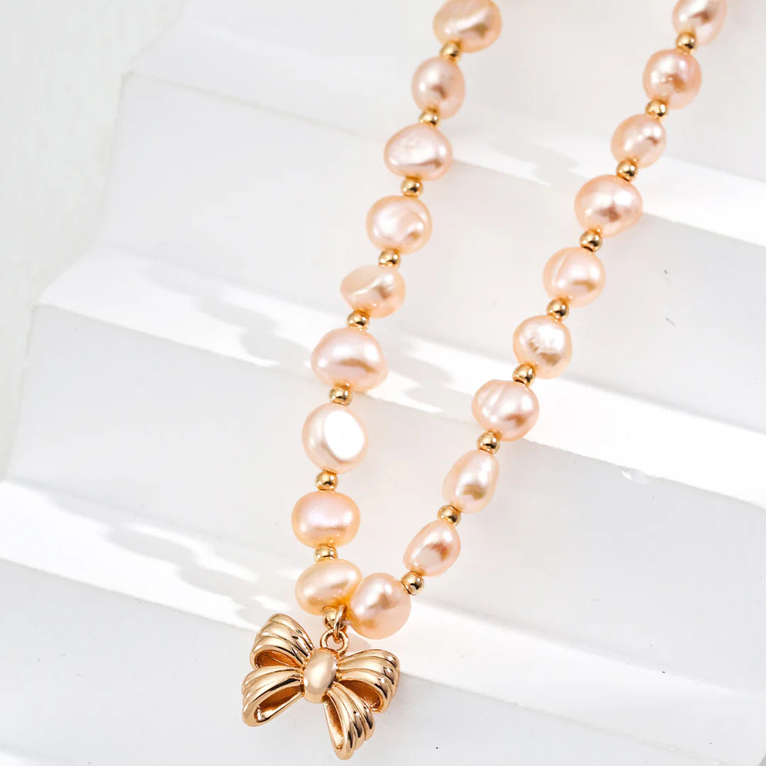 Champagne Gold Pearl Bow Necklace