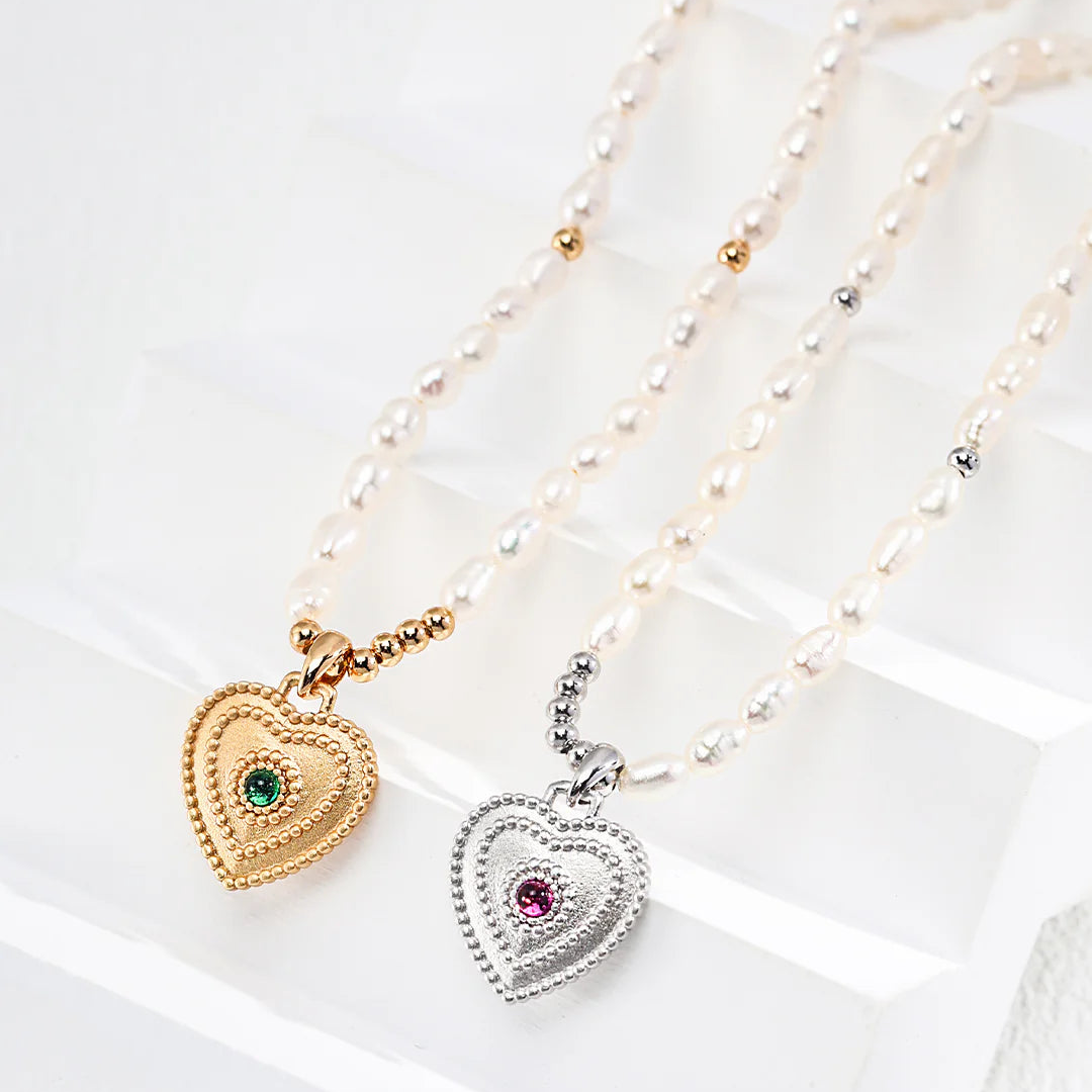 Natural Pearl Heart Shaped Zirconia Pendant Necklace