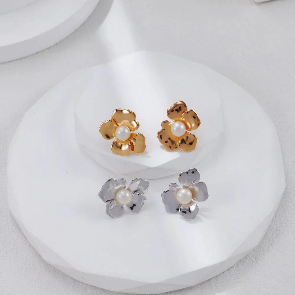 Metal Petal Pearl Earrings