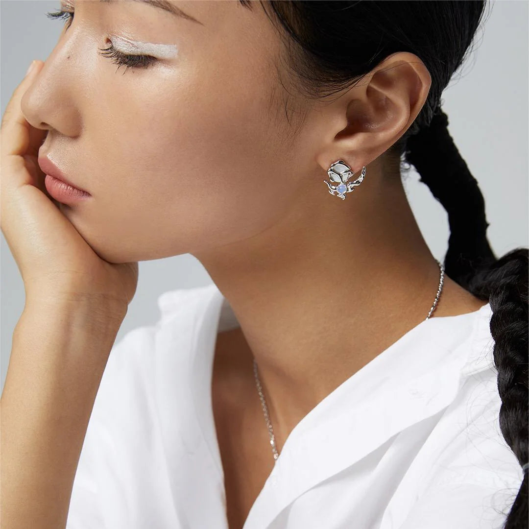 Crescent Moon Style Asymmetrical Opal Stud Earrings
