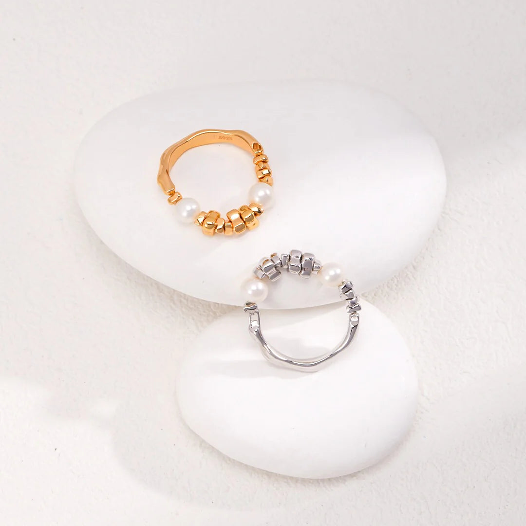 Broken Silver Beaded Pearl Ring