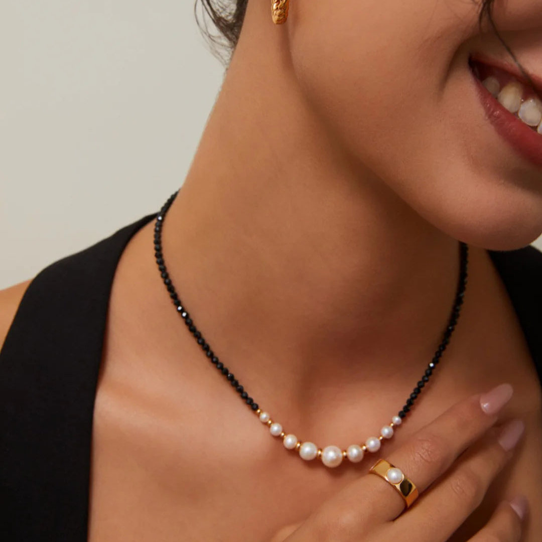 Gold Bead Black Spinel Pearl Necklace