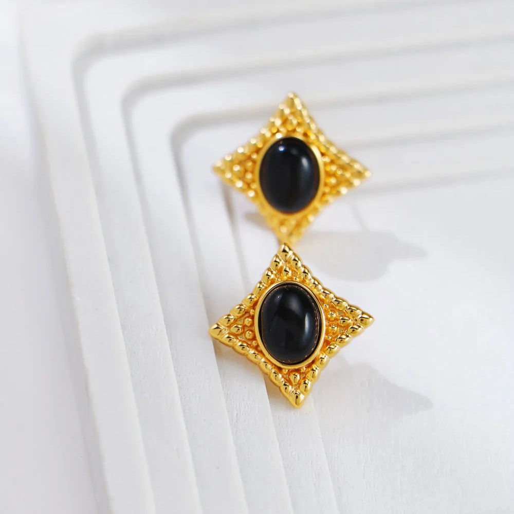 Vintage Gold Black Agate Stud Earrings